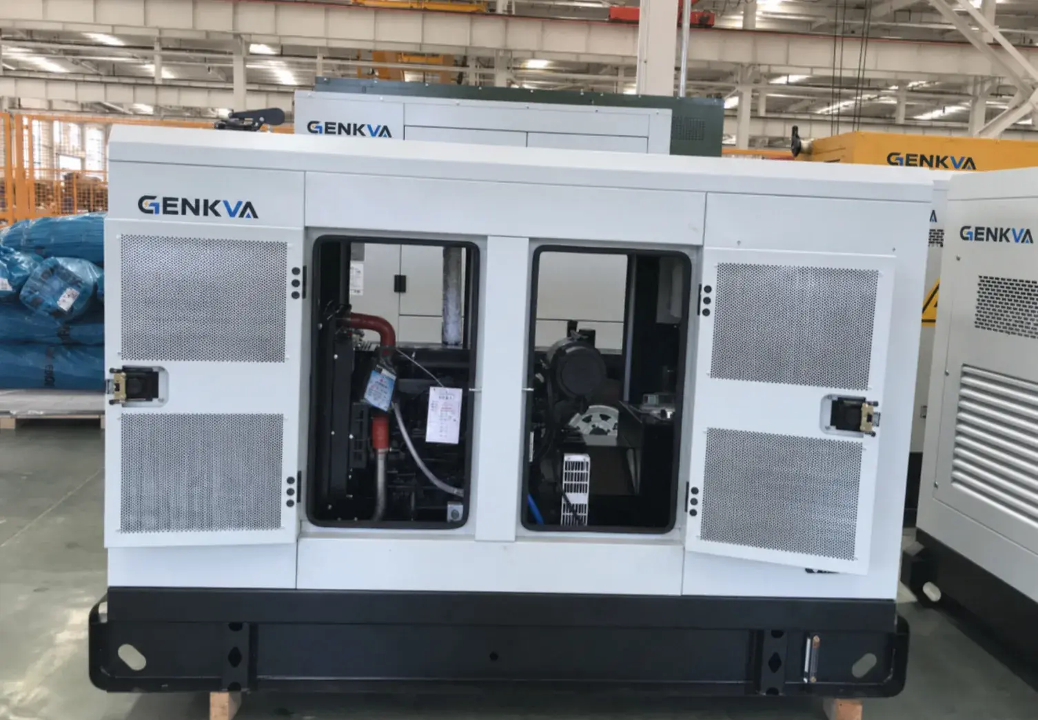 Open GENKVA silent canopy showing engine and service access